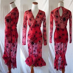 RED & BLK FLORAL Salsa Festival Sheer Romper Dress